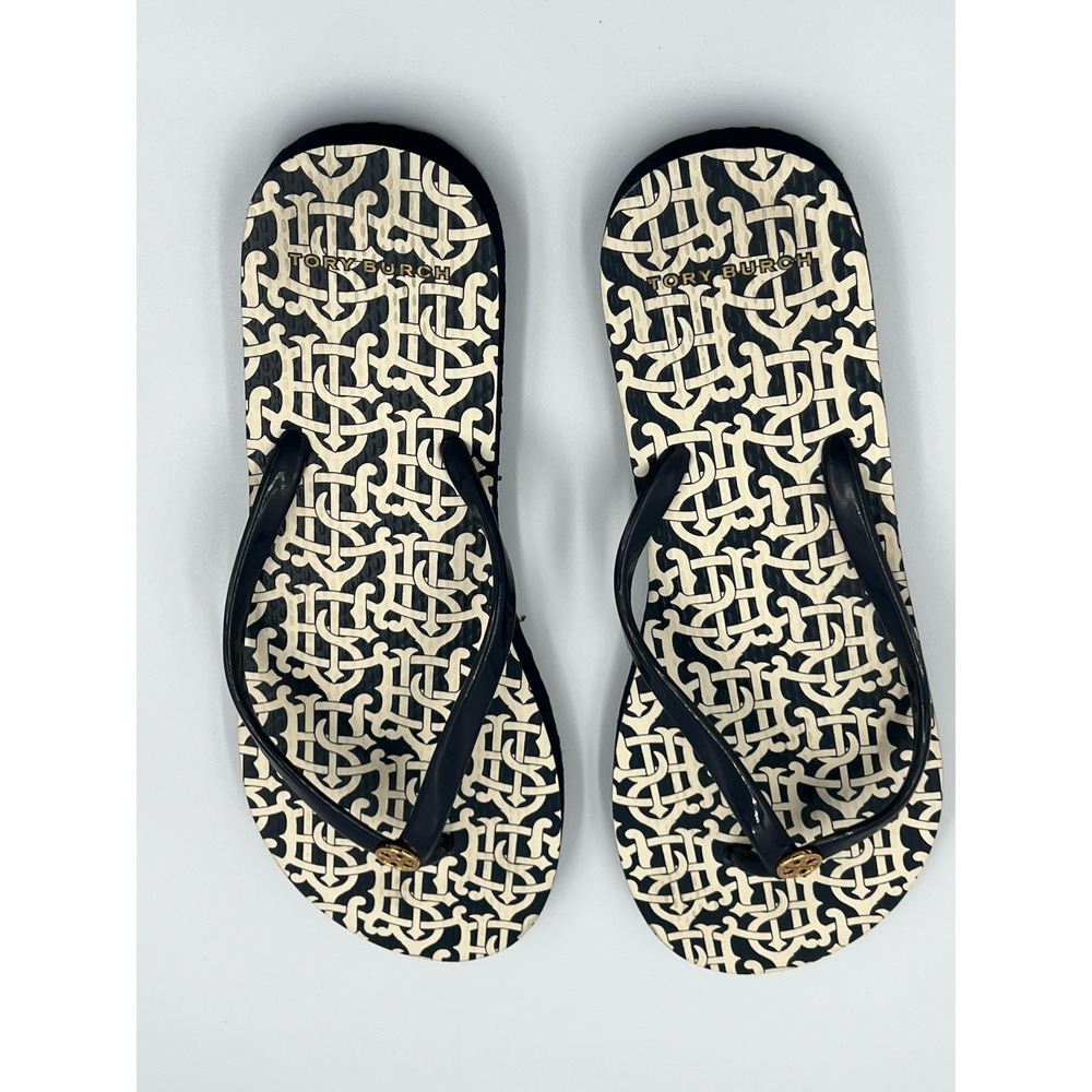Tory Burch Flip Flops Thongs 11 Women's Gold Monogram Beach Resort Vacation